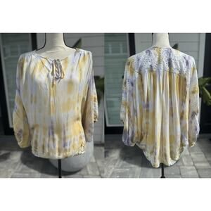 Bohemian Hippie Tie Dye Eyelet Blouse Flowing Embroidered Summer Top Medium